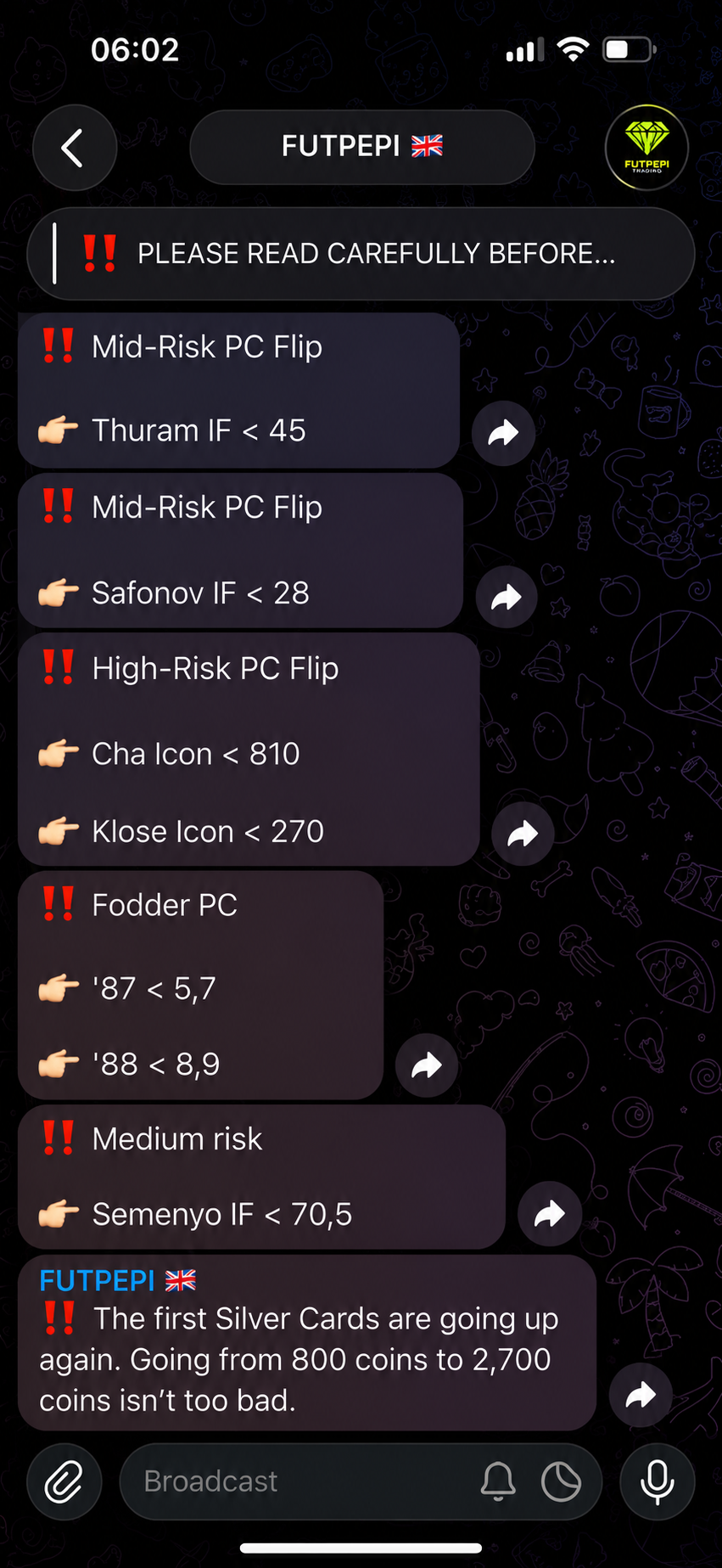 Original English FUTPEPI Live Trading Telegram screenshot