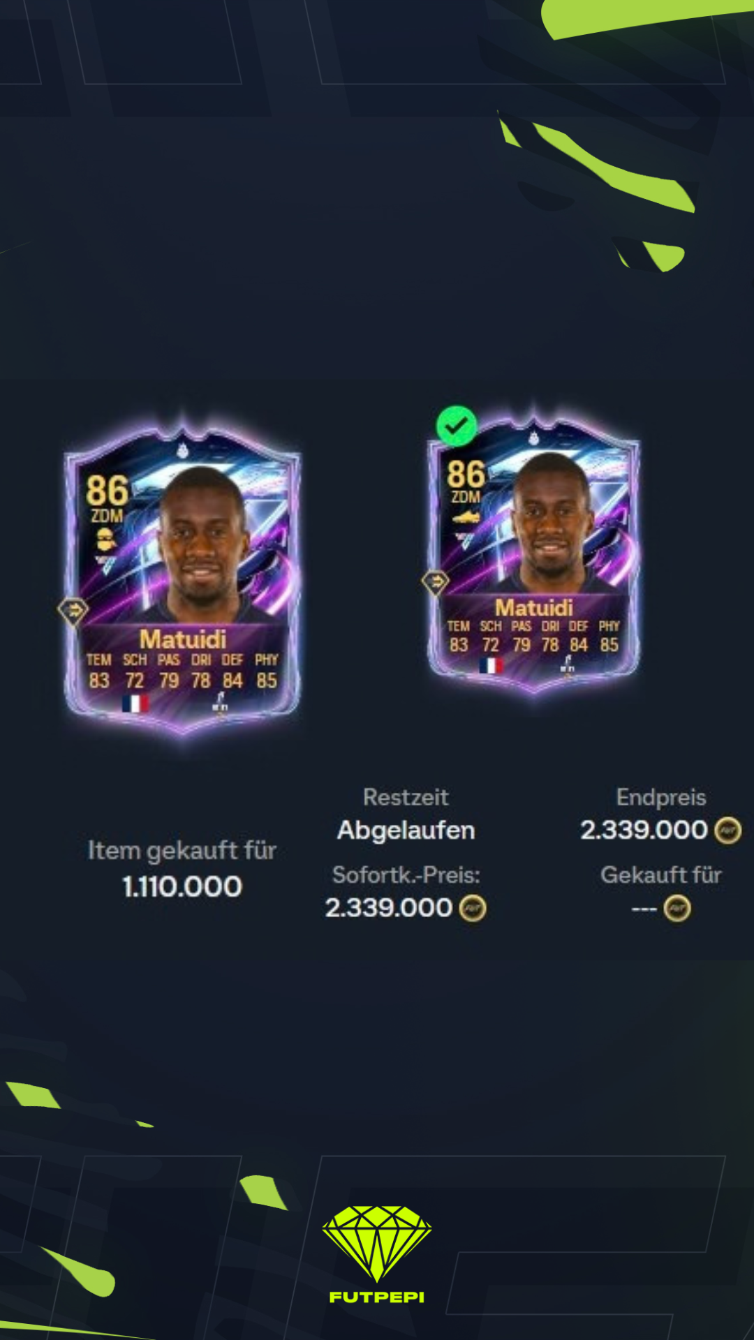 FUTPEPI’s own trade: Matuidi, bought for 1,110,000 Coins, sold for 2,339,000 Coins