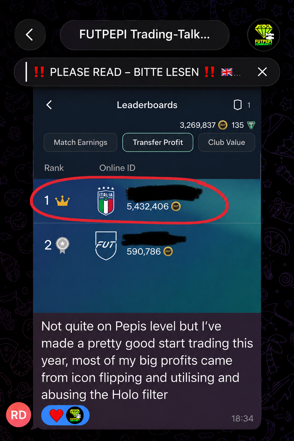 Community leaderboard showing a member’s transfer profit