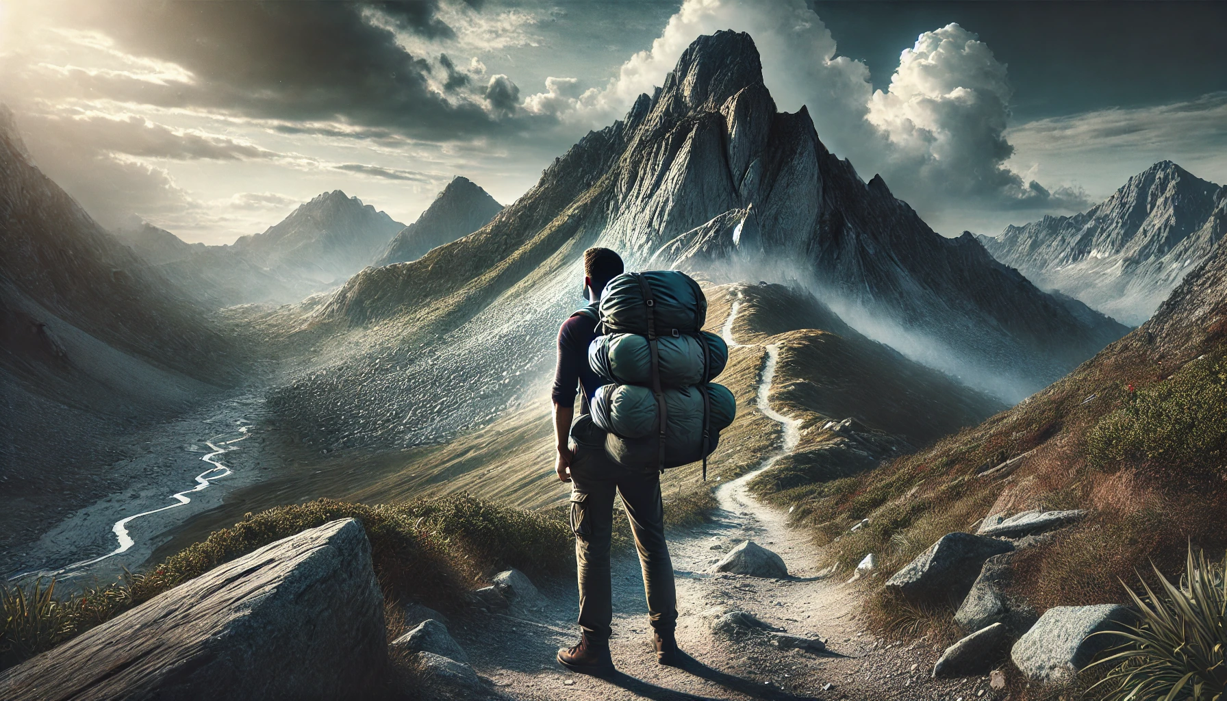DALL·E 2024-11-06 19.45.13 - Create a photo-realistic image of a man standing at the base of a mountain, looking determinedly towards the peak. The man should have a large, heavy .png