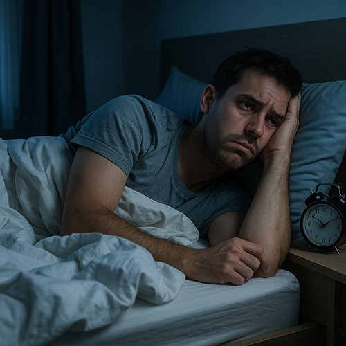 Mann wälzt sich im Bett