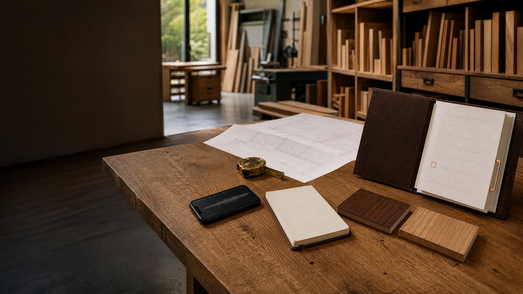 Geordnete Projektunterlagen, Smartphone und Holzproben in einem Schreinerbüro